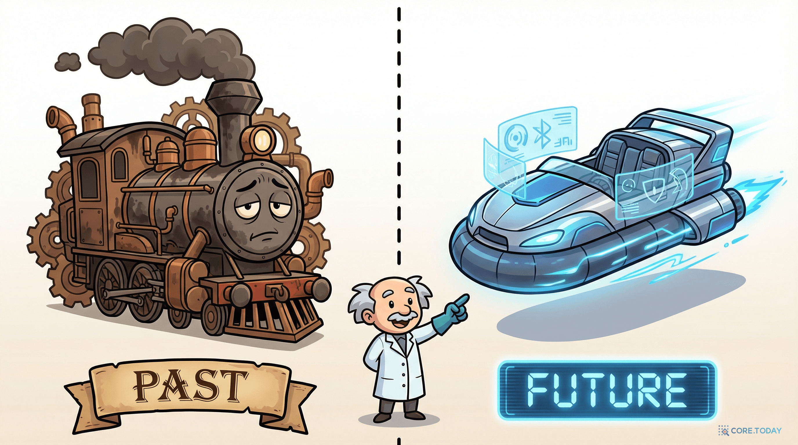 LLM은 증기기관, 세계 모델은 미래 자동차라는 비유를 보여주는 일러스트