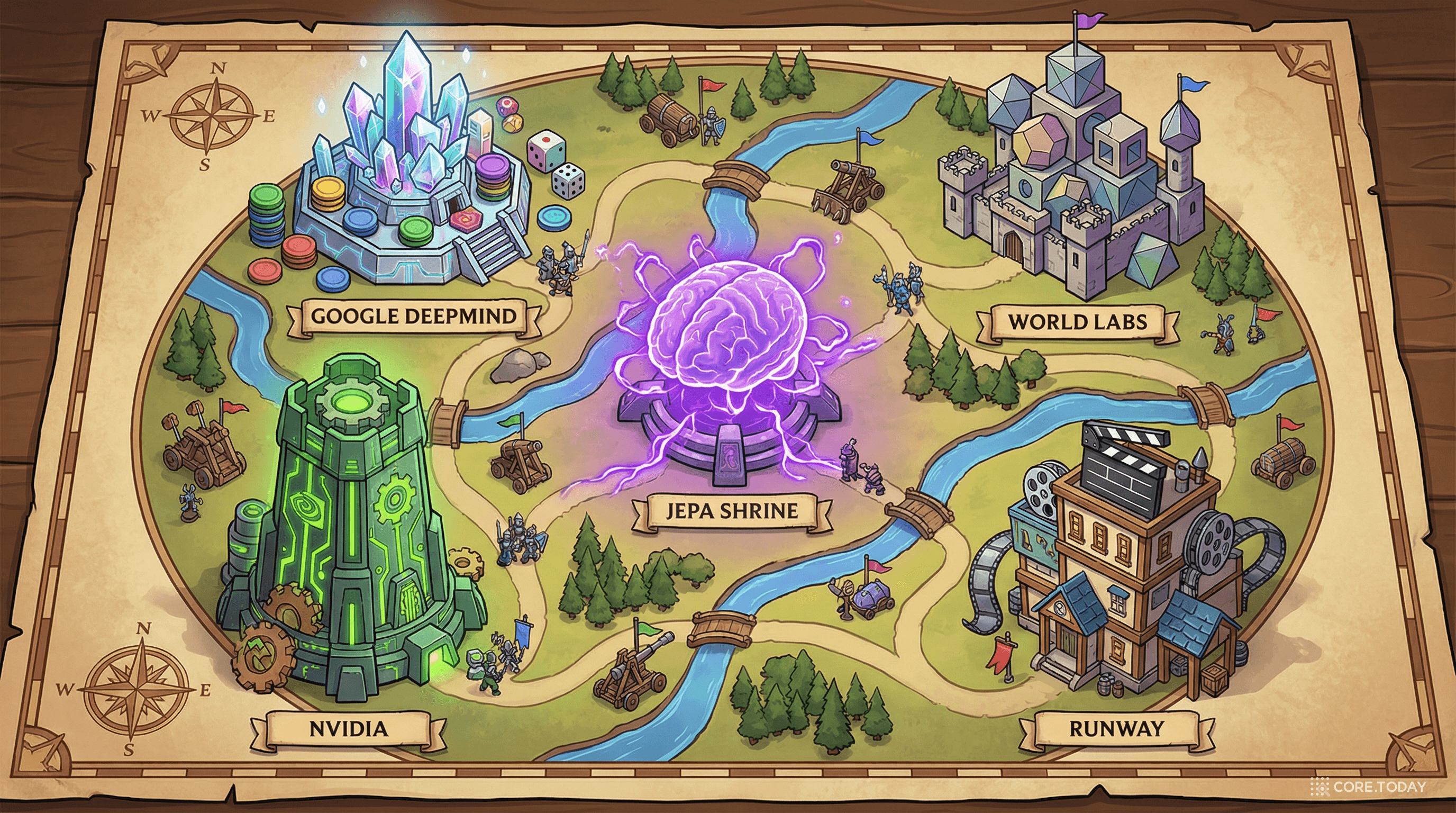 세계 모델 5대 진영의 전쟁을 보여주는 전략 맵 일러스트