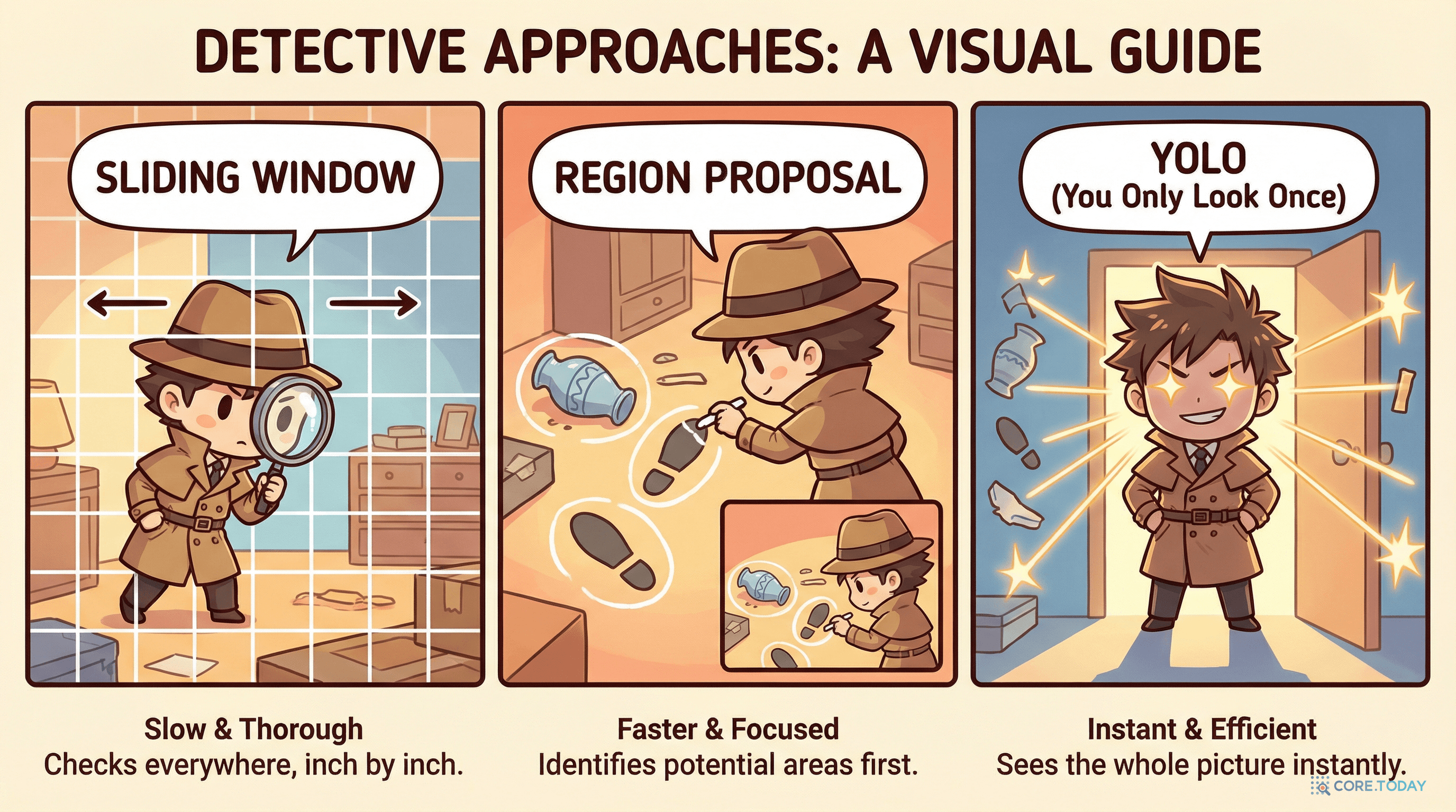 객체 검출 접근법 비교: 슬라이딩 윈도우(왼쪽)는 모든 위치를 하나씩 확인하고, 영역 제안(가운데)은 후보 영역을 먼저 선별한 뒤 분류하며, YOLO(오른쪽)는 이미지를 한 번 보고 모든 객체를 동시에 검출한다