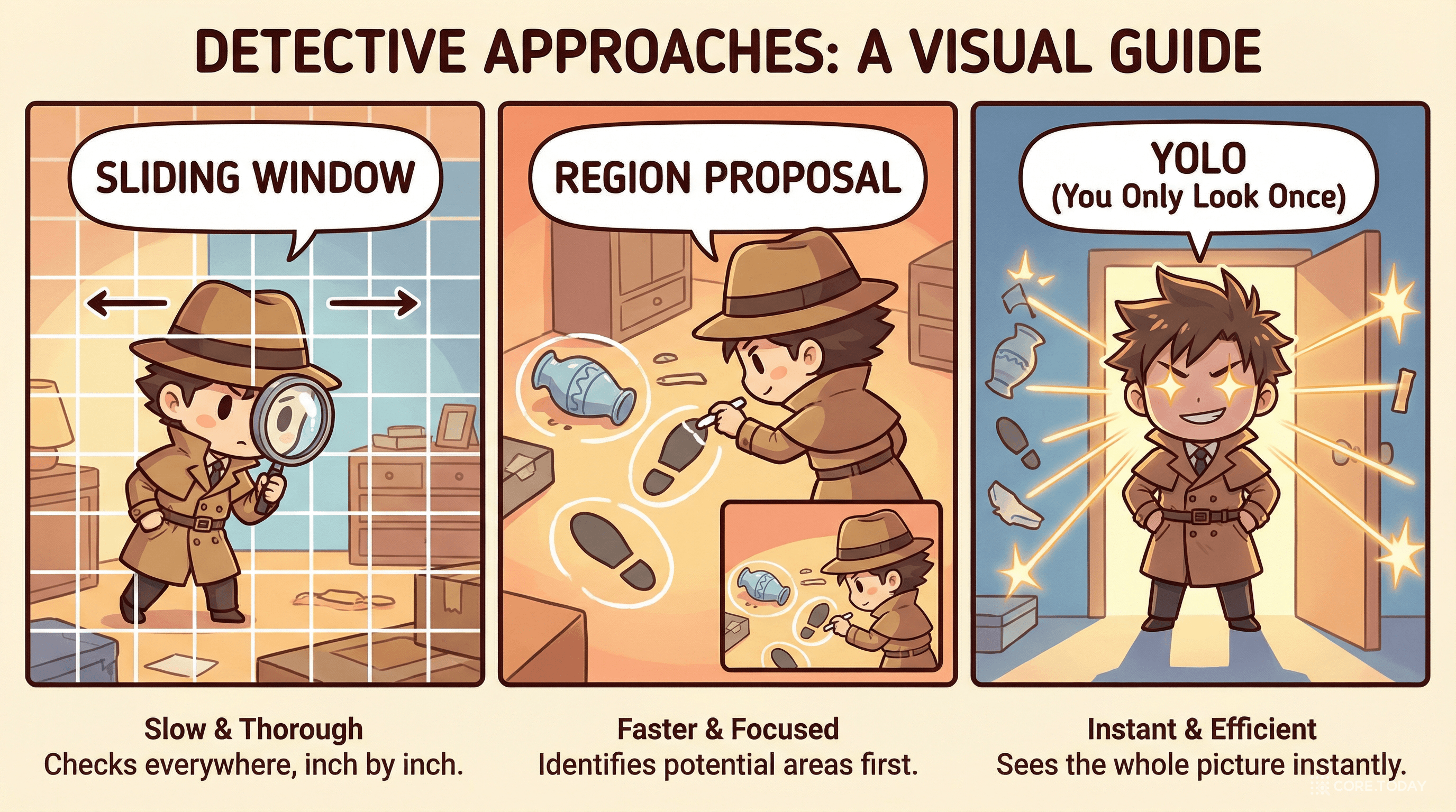 객체 검출 접근법 비교: 슬라이딩 윈도우(왼쪽)는 모든 위치를 하나씩 확인하고, 영역 제안(가운데)은 후보 영역을 먼저 선별한 뒤 분류하며, YOLO(오른쪽)는 이미지를 한 번 보고 모든 객체를 동시에 검출한다