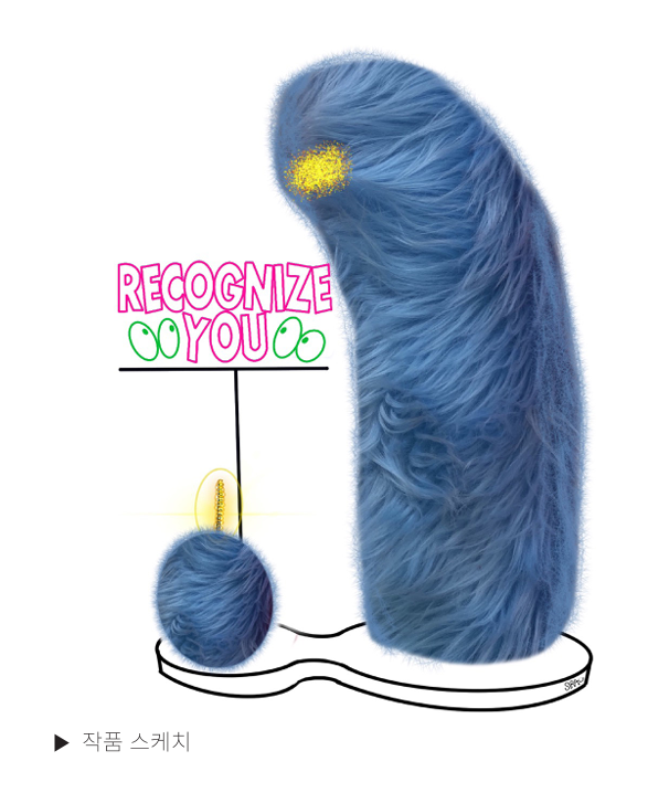 작품 스케치 — 퍼로 덮인 메인 조형물과 'RECOGNIZE YOU' 네온