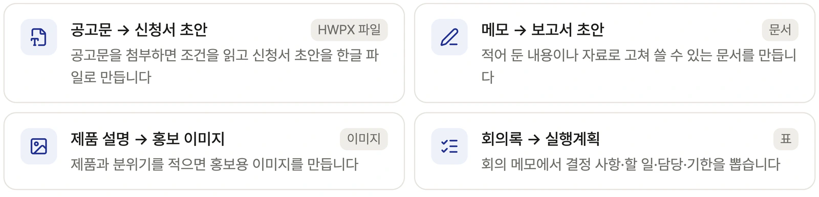 Chat의 공고문 신청서 초안, 메모 보고서 초안, 홍보 이미지, 회의록 실행계획 시작 카드